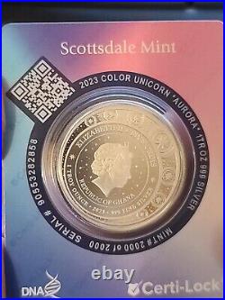 1 Oz Silver Coin 2023 Ghana 5 Cedis Unicorn Aurora Color Purple #2000/2000 WOW