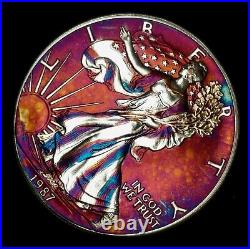 1987 Silver American Eagle Coin Colorful Rainbow Toning #a848