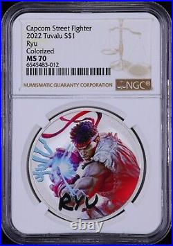 1oz 2022 Silver $1 Tuvalu Coin Capcoms Street Fighter Ryu Colorized NGC MS70