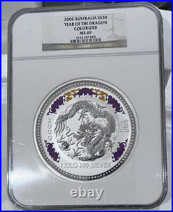 2000 $30 Australia Year Of The Dragon Proof 1 Kilo. 999 Silver Coin Colorized