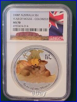 2008 AUSTRALIA COIN YEAR OF THE MOUSE RAT 1 oz 999 SILVER COLORIZED NGC MS 70