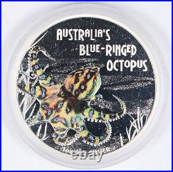 2008 Australia Blue Ringed Octopus 1 oz Silver Proof Coin with color Tuvalu $1