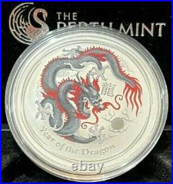 2012 Australia Black Dragon Lunar II Series $1 Colored Silver Coin 1 Oz Boxed