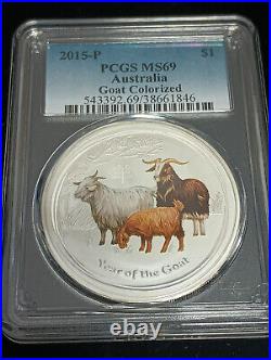 2015 1oz. 999 Fine Silver Australian Year Of The Goat Colored Coin PCGS MS69