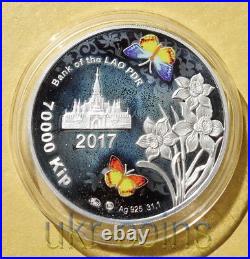 2017 Laos 1 Oz Silver Colored Coin Spring Flower Butterfly Flora Valentines Day