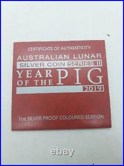 2019 $1 Year of the Pig 1oz Silver Proof Coloured Coin PRE-OWNED