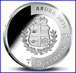 2019 Aruba Sea Turtle Tortoise Silver Color Coin WWF Wildlife 5 florin RARE
