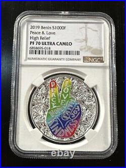 2019 Benin NGC PF70 Ultra Cameo Peace & Love 1 oz Silver Proof Coin colorized