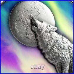 2022 Chad Howling Wolf in the Northern Lights 2oz Silver Antiqued Coin