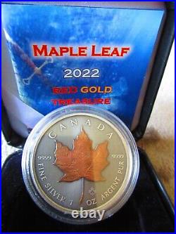 2022 MAPLE RED GOLD TREASURE Color & Antique 1oz Silver Coin $5 Canada