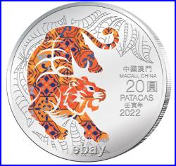 2022 Macau Lunar Year of the Tiger Colorized 1 oz Silver Proof Coin 20 patacas