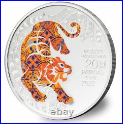 2022 Macau Lunar Year of the Tiger Colorized 1 oz Silver Proof Coin 20 patacas