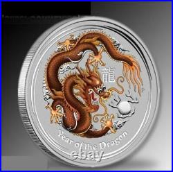 Perth Mint Australia Brown Coloured Colourised Dragon 2012 1 oz. 999 Silver Coin
