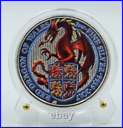 U. K. 2017 Queens Beasts The Dragon of Wales 2 Oz Colored Silver Coin Rare